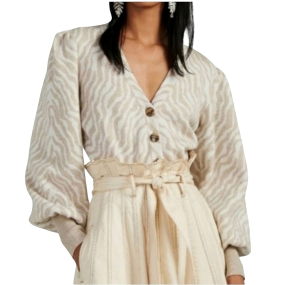Ulla Johnson Wool Tan Stripe Cream Puff Sleeve Cardigan Medium CICI